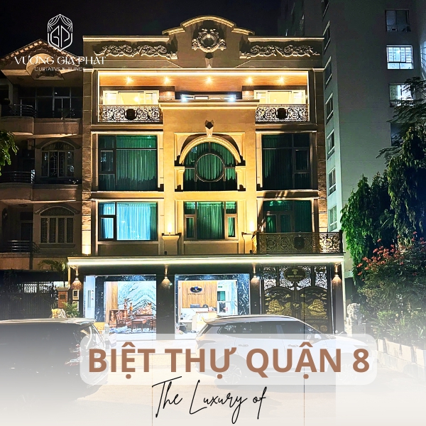 Thi công rèm trọn gói cho biệt thự Quận 8 – phối hợp rèm vải, sáo gỗ và cầu vồng hài hòa, sang trọng.