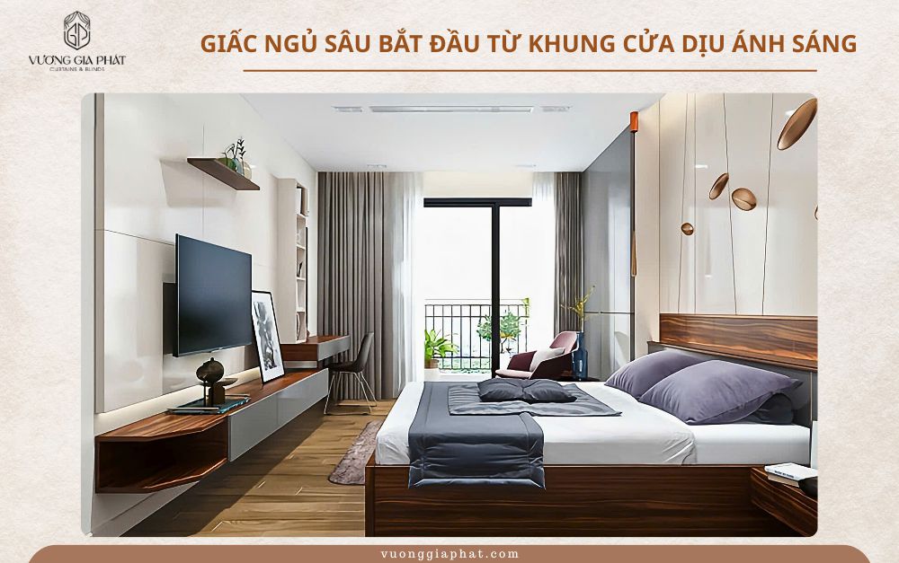 Rèm vải 2 lớp cho phòng ngủ với tone màu trung tính, mang lại cảm giác ấm cúng và sang trọng
