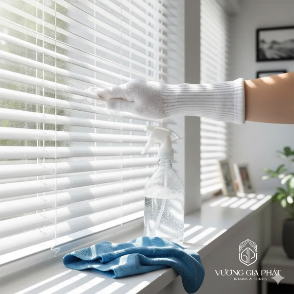 cửa hàng vệ sinh rèm tại tphcm lau bụi trên rèm sáo nhôm bằng khăn ướt