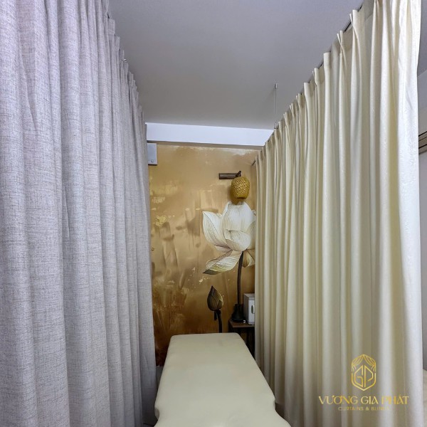 thi công rèm spa quận 8 thi công rèm voan màu vàng ngăn giường spa