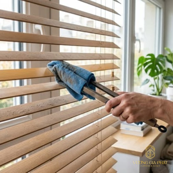 vệ sinh rèm cửa tại nhà rèm sáo gỗ bằng khăn ướt từng nan rèm