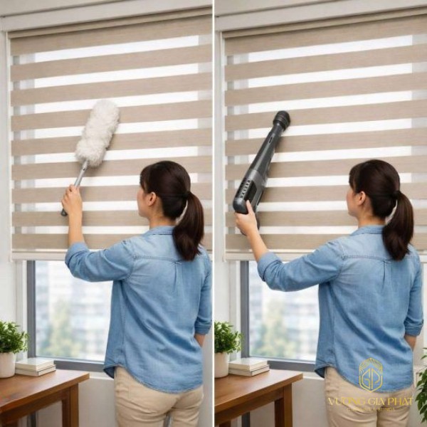 vệ sinh rèm cửa tại nhà rèm cầu vồng bằng chổi lông gà và máy hút bụi