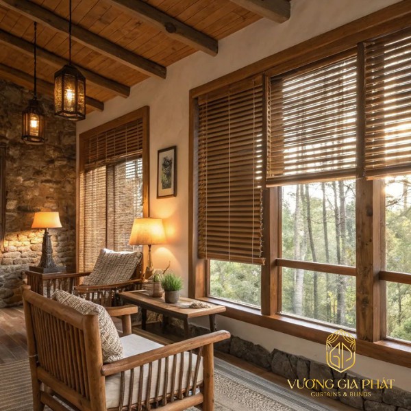 rèm sáo gỗ homestay màu nâu đậm phòng khách